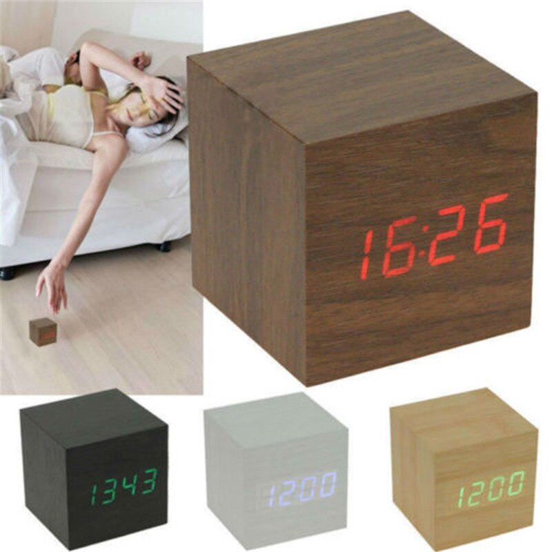 Träkub digital ledd skrivbordslarmtermometer timer kalender usb klocka b