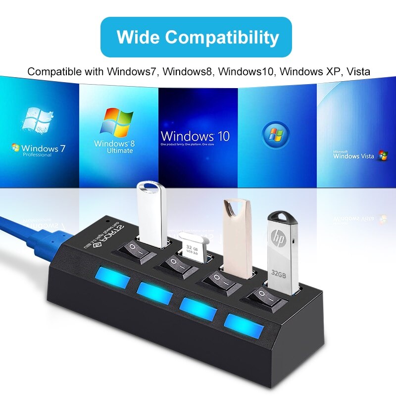 YTOM HUB USB 3,0 de 2,0 HUB Splitter USB Multi 4/7 expansor de Puerto múltiples USB 3 Hab uso adaptador de alimentación de USB3.0 con interruptor para PC