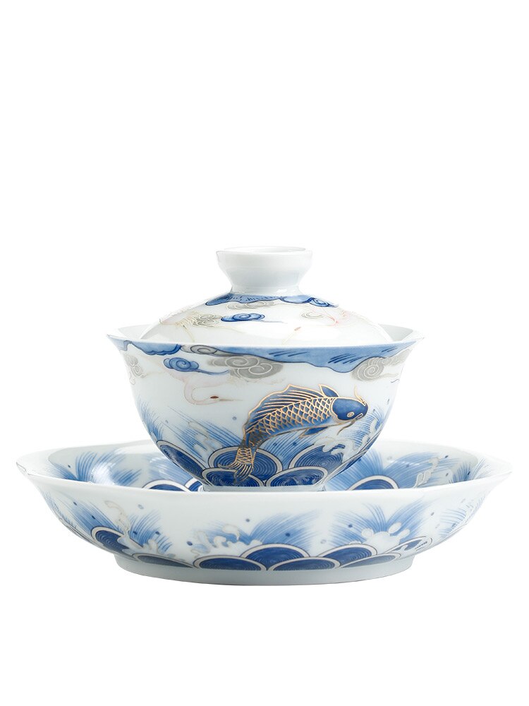 Lovende drage fisk keramisk låg skål te kop blå og hvid porcelæn te skål stor størrelse terrin husholdning kungfu tekop