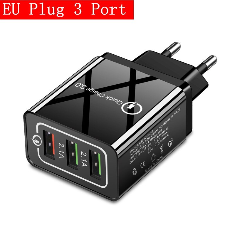 48W Quick Charger 3.0 Usb Lader Voor Samsung A50 A30 Iphone 7 8 Xiaomi Mi9 Tablet Qc 3.0 Snelle wall Charger Us Eu Uk Plug Adapte: 3 Port EU Black