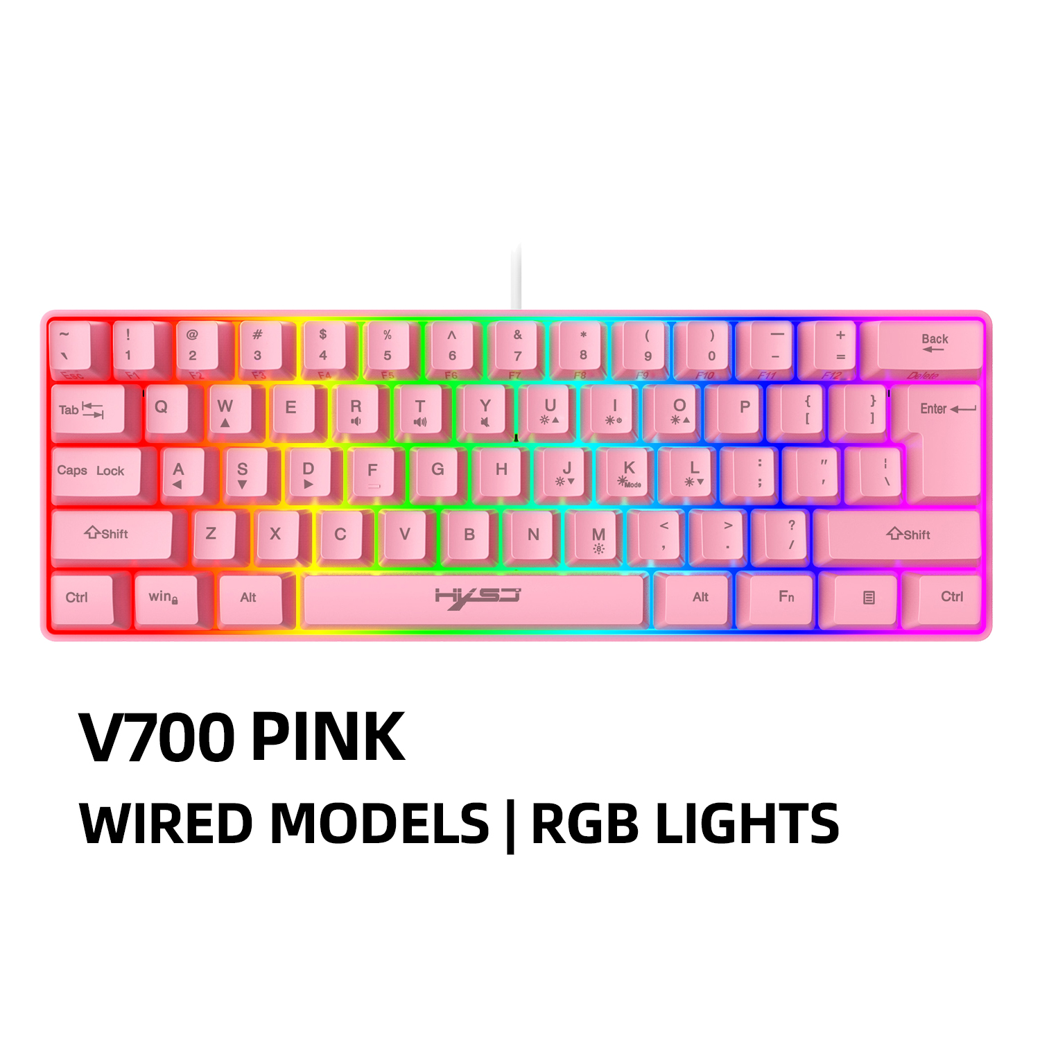 HXSJ Gaming Keyboard 61 Keys RGB Backlit 60% 60 Business Keyboard US Wired Wireless Bluetooth Mini Compact PC Gamer MAC PS4: V700P Wired Model