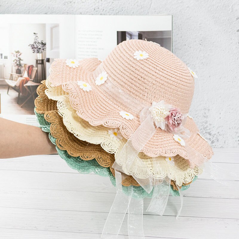 Los niños chica listón con flores sombrero hongo de paja sombreros de Sol para niños de primavera y verano con volantes con ala playa gorra para el sol sombreros