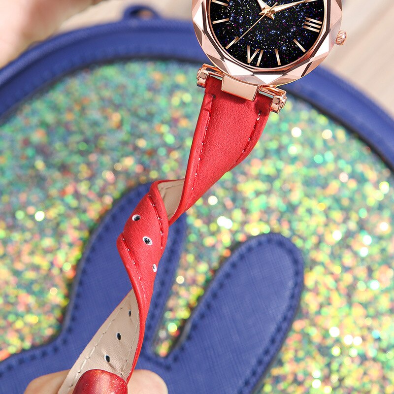 Women Watch Leather Band Ladies Quartz Wrist Watch Starry Sky Round Dial Roman Number Rhinestone Leather Band Watch
