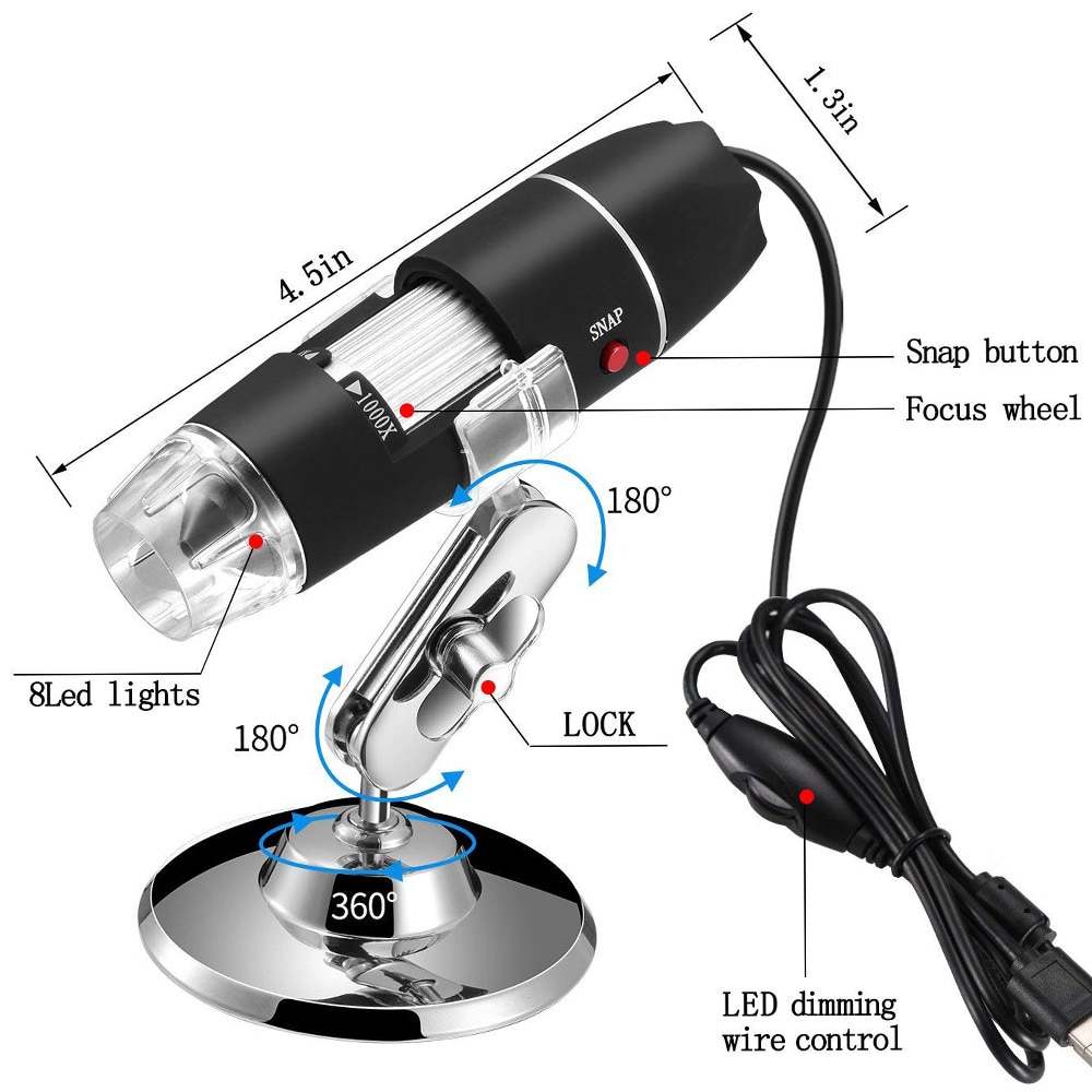 Microscopio Portatile Digitale 1000X Endoscopio + Cavo Usb Camera 8 Led Per  Pc