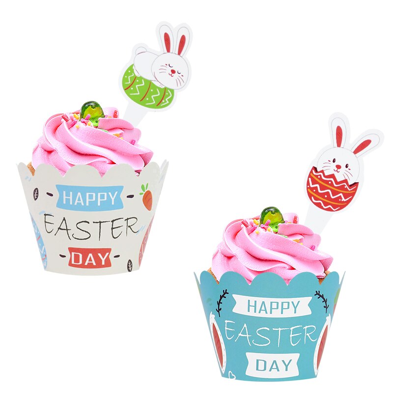 24pcs Happy Easter Cupcake Wrapper with Rabbit Cake Toppers Easter Party Bunny Egg Cake Baking Decoration Kids Birthday Party