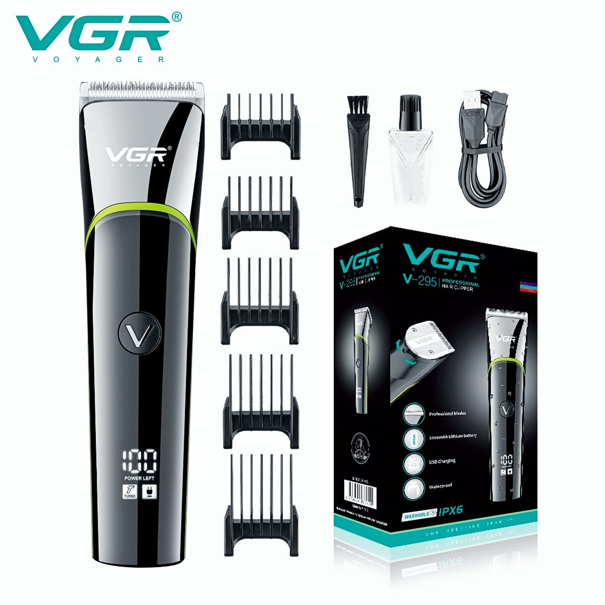 VGR Haar Snijmachine Elektrische tondeuse voor mannen Haar trimmer Draadloze knipmachine Kapper Waterdicht digitaal display Oplaadbaar V-295: Original box