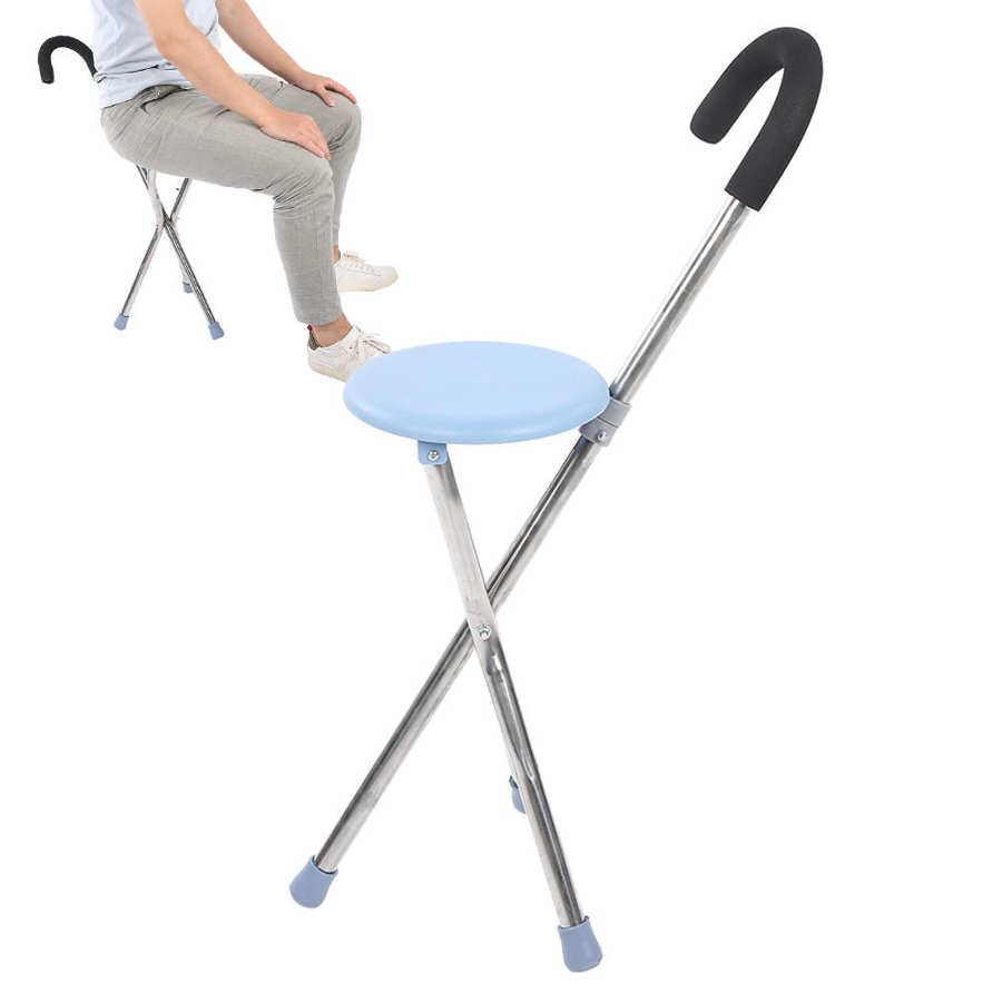 Muletas para caminar, asiento de bastón plegable, taburete de bastón de altura ajustable portátil, silla plegable, bastón para caminar