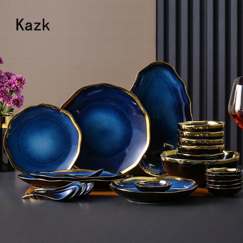 Nordic Blue Glaze Ceramic Dinner Plates and Bowls Irregular Phnom Penh Steak Plate Dessert Snack Dishes Home Tableware