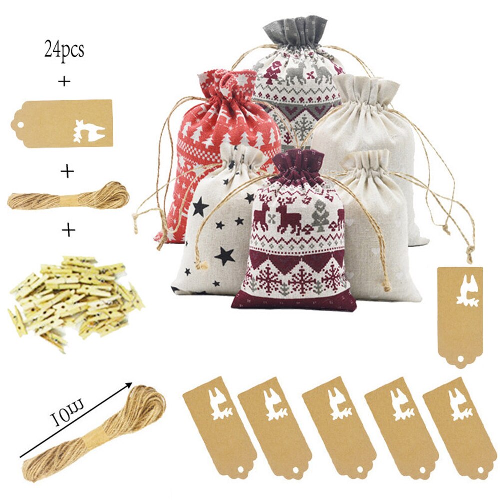 Christmas DIY Advent Calendar Countdown 1-24 Numbers Bag Candy Storage Kraft Paper Cards Linen Rope Drawstring Pouch Bags