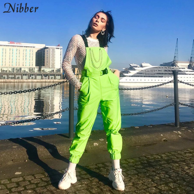 Nibber Fluorescent green Bib pants women's Street black casual pants playsuits 2019spring ladies Solid Full jumpsuits