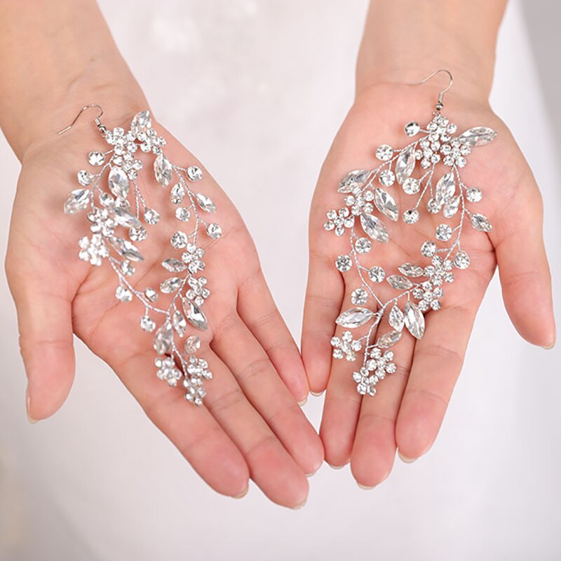 Peinados de boda, tocado de plata, joyas de diamantes de imitación para la cabeza, diadema de cristal y pendientes, conjunto de accesorios para el cabello nupcial: earrings