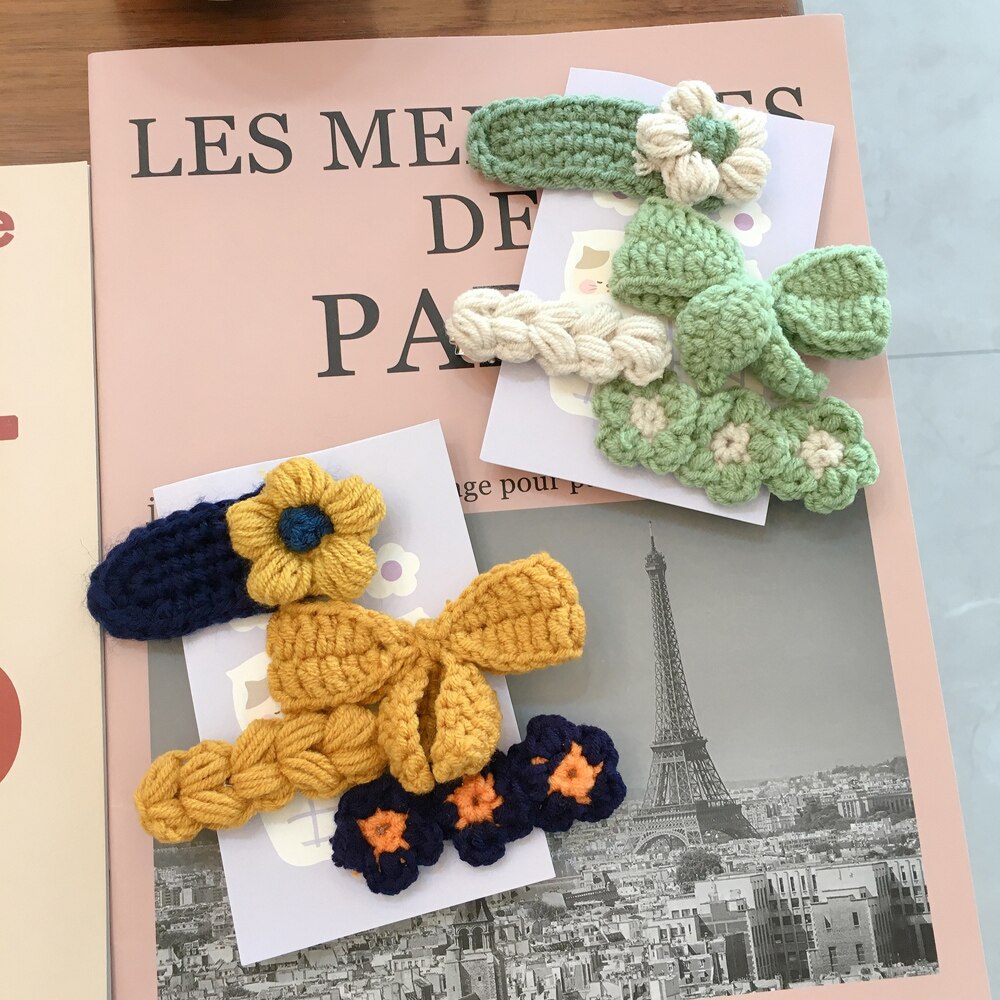 Otoño Invierno 4 unids/set Adorable de lana de punto Bowknot flor pelo Clip horquilla para las mujeres Accesorios