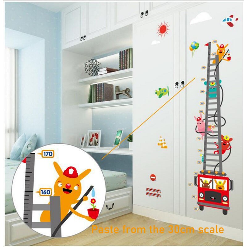 Cartoon Fire Truck Firefighter Height Stickers For Kids Room Bedroom Living Room Nursery Home Decor DIY Art Wall Sticker Decals