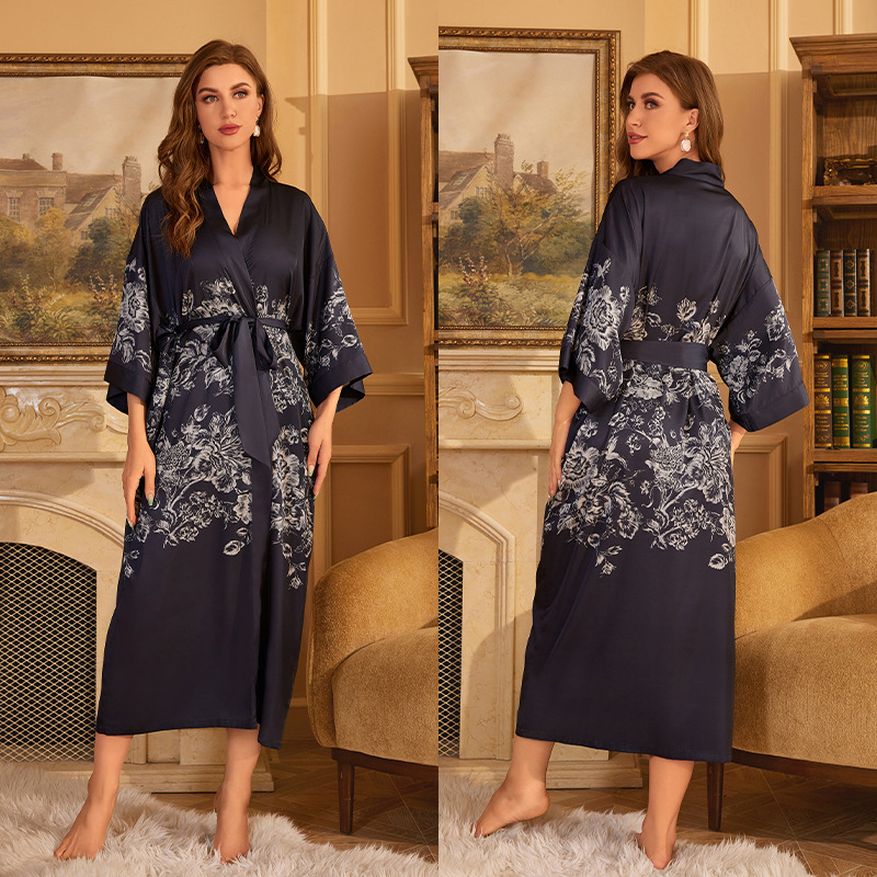 Peignoir kimono à manches mi-longues de style japonais pour femmes, robe longue femme, chemise de nuit, vêtements de nuit, satin imprimé fleuri, robe en span pour la maison