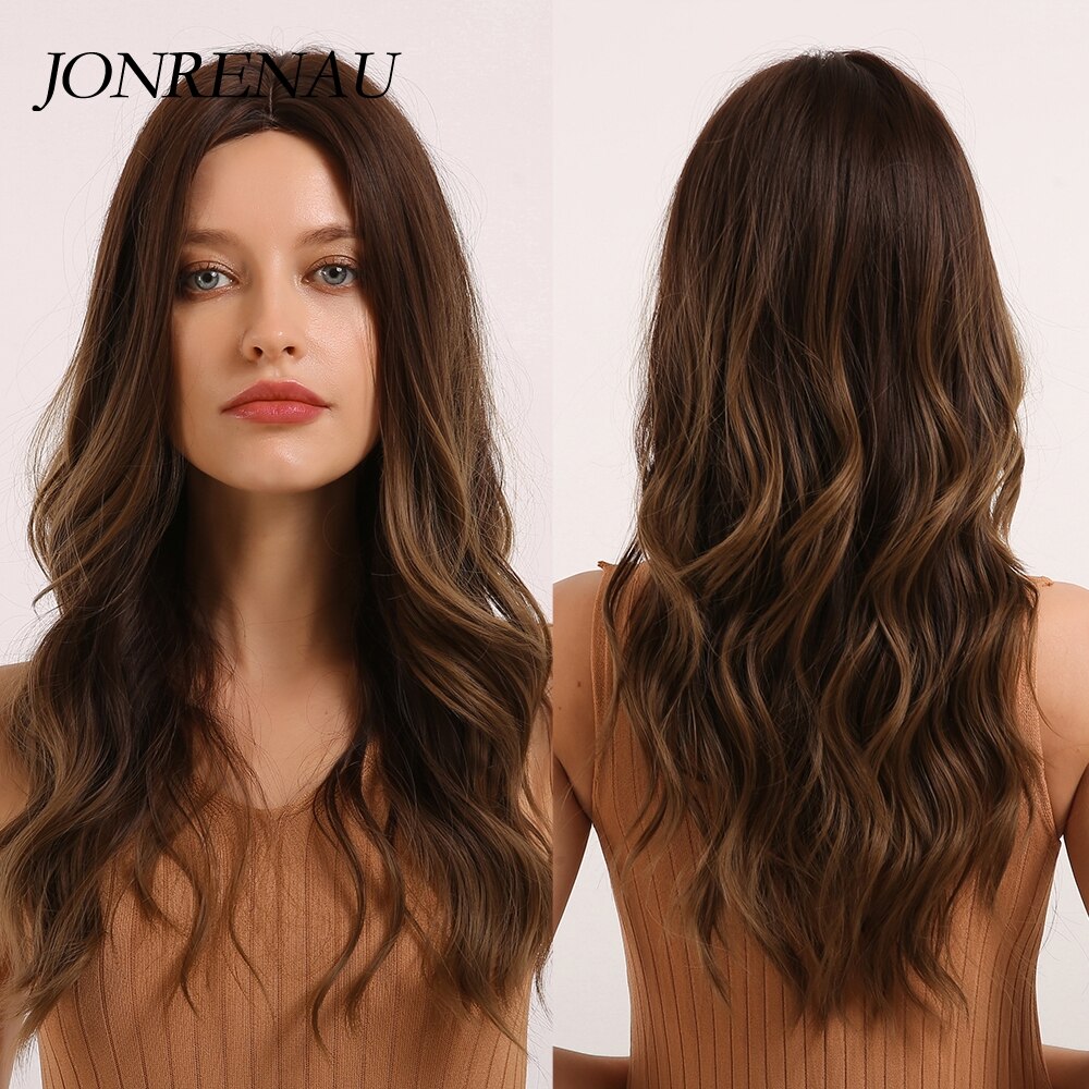 JONRENAU Long Synthetic Natural Wavy Dark Brown Hair Wig with highlight for White /Black women Daily Wear Wigs: lc279-2