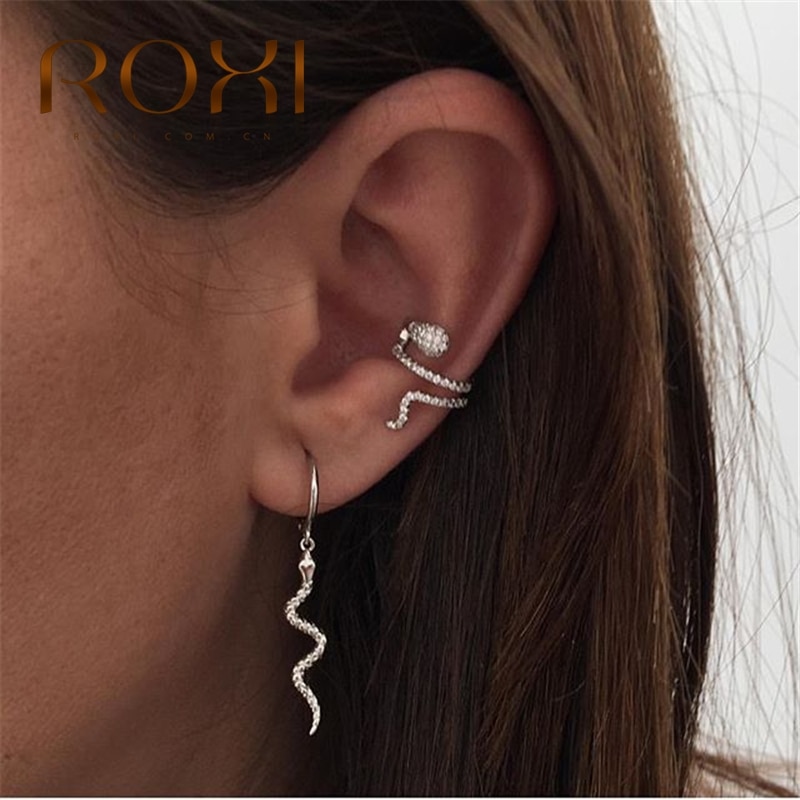 ROXI 1Pair ins Double Snake Ear Clips Earrings for Women Clip on Earrings Funny Animals NO Piercing Silver Ear Cuff Cilp Earring