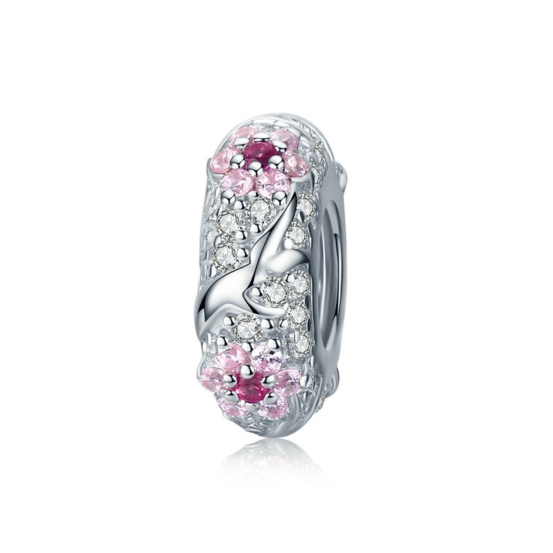 Wostu ægte 925 sterlingsølv blommeblomstperler blomst pink zirkon charm pasform originalt armbånd vedhæng gør selv-smykker: Ctc 152