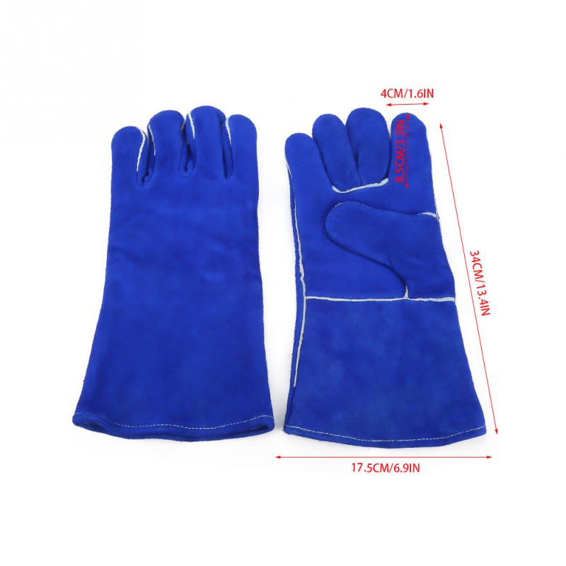 1 paar blauwe, uitgebreide, hittebestendige leren lashandschoenen voor bakken/koken/barbecueën