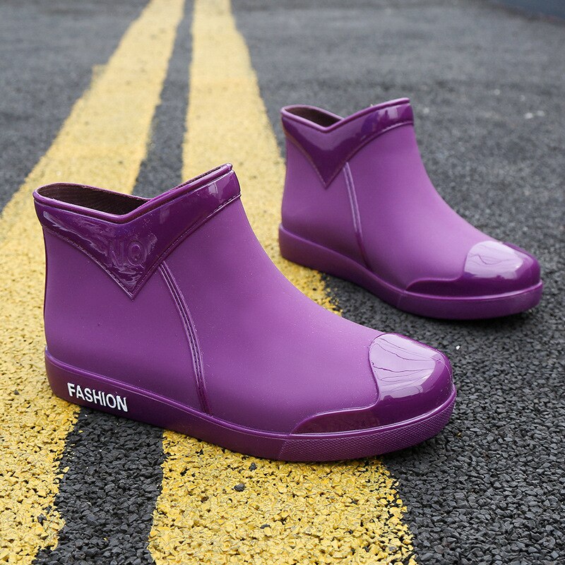 Rubber Schoenen Vrouwen Waterdichte Regen Laarzen Enkel Schoenen Herfst Vrouwelijke Water Schoenen Regenlaarzen Enkellaarsjes Flats: Paars / 38