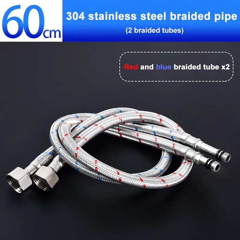 Faucet Inlet Pipe Kitchen Sink Basin And Cold Water Pipe Tip Pipe 304 Stainless Steel Red And Blue Braided Hose 2Pcs/Set