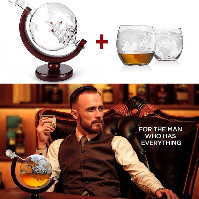 Decantador de whisky globo aireador de vino, conjunto de cristal de calavera de velero dentro de cristal con soporte de madera fina, decantador de licor para taza de Vodka