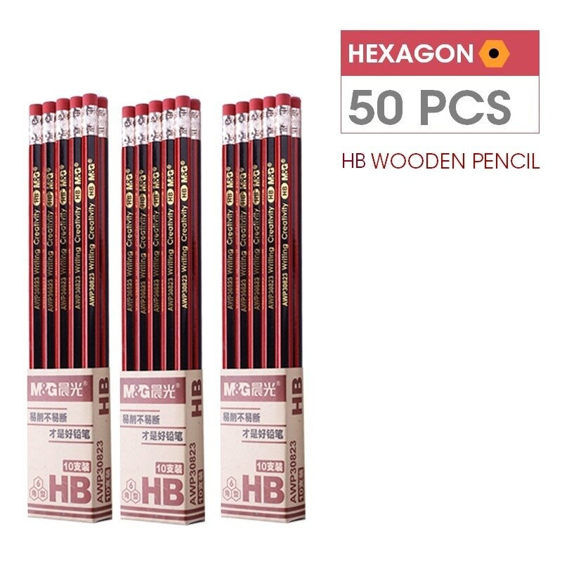 Andsty-lápiz de madera M &amp; G HB 2B 2H con sacapuntas gratis, lápiz de grafito de plomo de madera con goma de borrar para suministros de papelería escolar: 50pcs HB Red