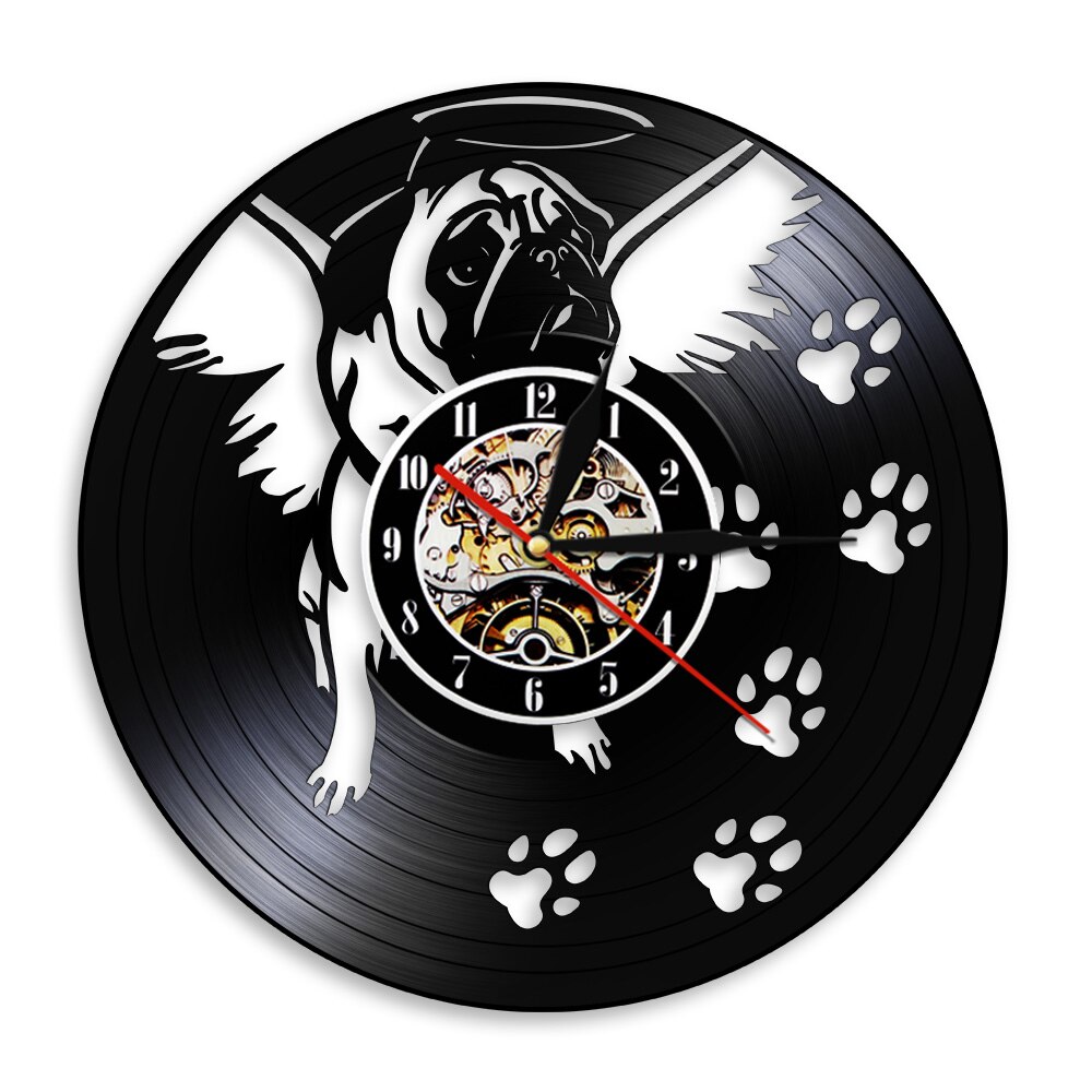 Horloge murale en vinyle pour bouledogue français, avec aile d&#39;ange, Art moderne, Vintage, carlin, chien, décoration de maison, lumineux LED: NO LED Light