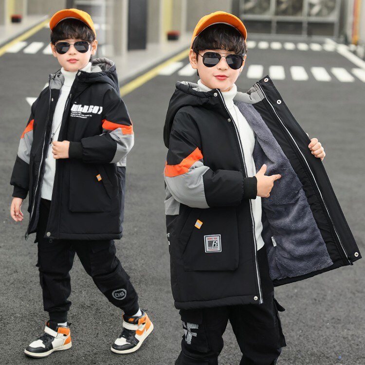 Chłopcy kurtka zimowa 4-15 lat nastolatki chłopcy ciepłe parki polarowe wyściełane dzieci znosić z kapturem 10 12 lat dzieci zimowe ubrania: pomarańczowy / 9-10T