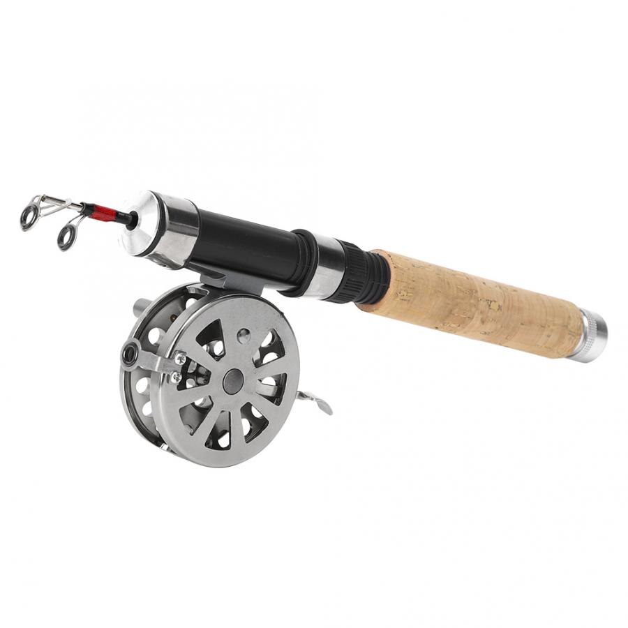 Vara de pesca telescópica mini leve portátil ao ar livre metal roda pesca no gelo carretel com alça de madeira haste acessório
