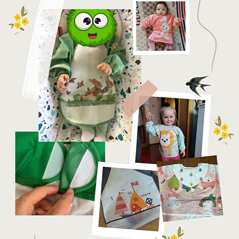 Cute Cartoon Baby Bibs Waterproof Infant Eating Bib with Pocket Children Drawing Long Sleeve Apron Kids Burp Cloth Baby Stuff