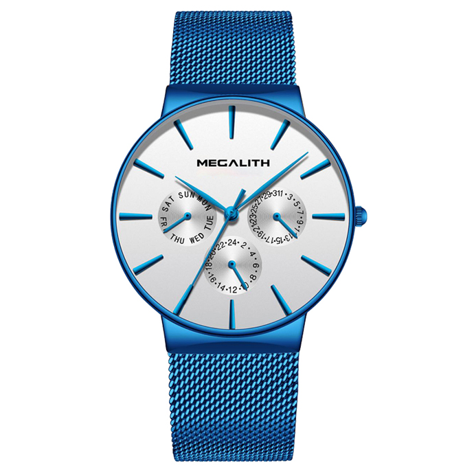 MEGALITH relojes para hombre, reloj de pulsera resistente al agua de lujo, reloj de cuarzo ultrafino para hombre, reloj deportivo Erkek Kol Saati: wihte mesh