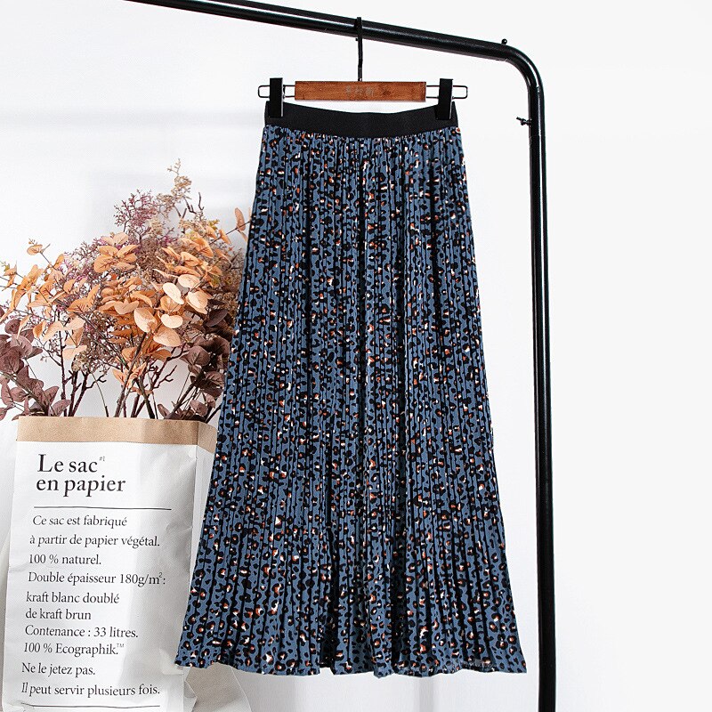 Jupe longue plissée en mousseline de soie imprimé léopard pour femmes, printemps, Vintage, ligne A, élastique, taille haute, VD2285: Bleu