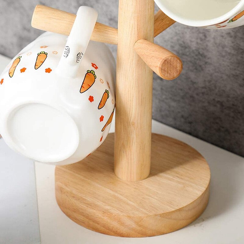 Wooden Mug Tree Holder with 6 Hooks, Mug Rack Display Stand Cups Organizer Dryer, Tea Coffee Cup Mug Hooks