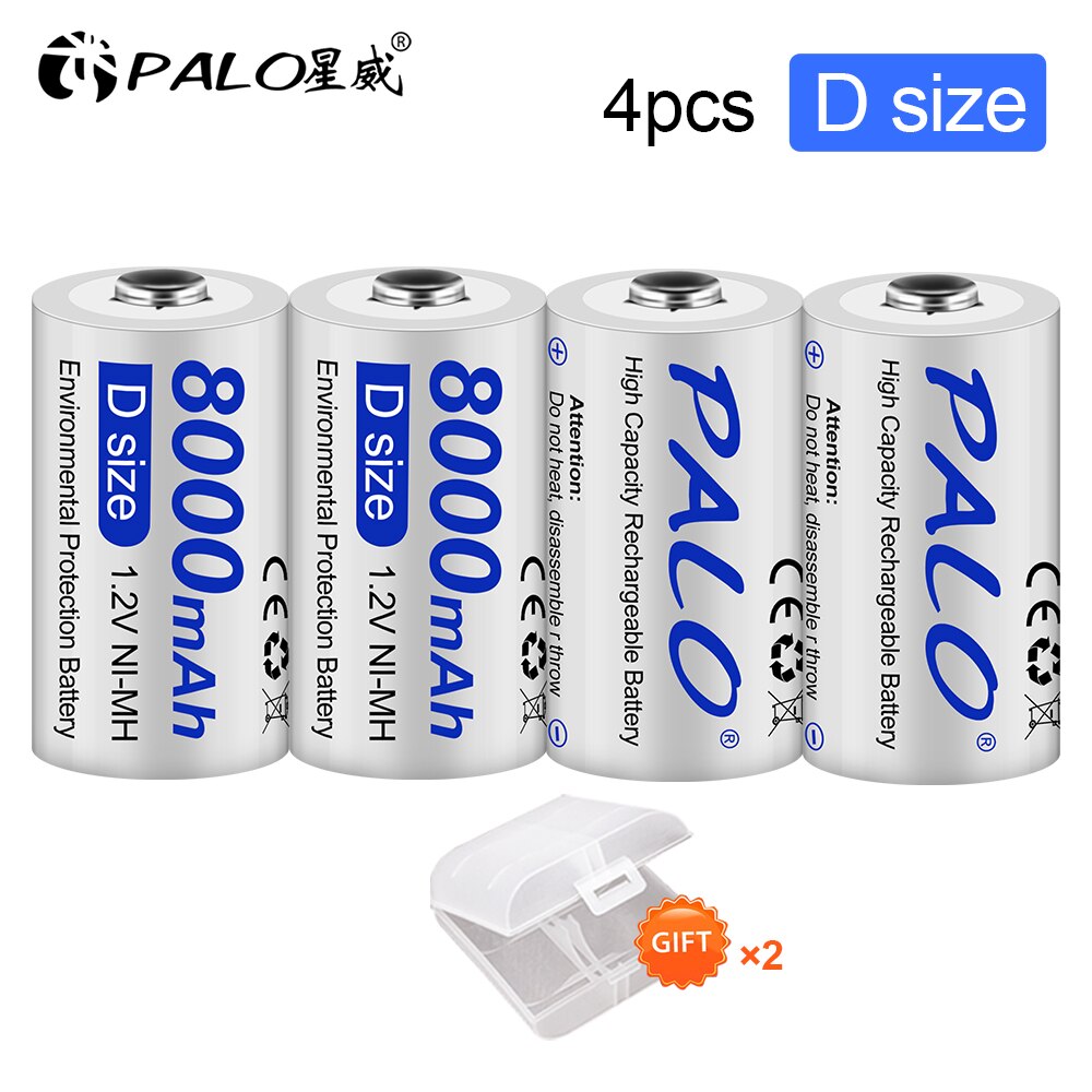 PALO D Size R20 Rechargeable Battery 1.2V NIMH D Cell Batteries 8000mAh for Toys,Radio,Microphone,Gas Cooker D battery: 4pcs