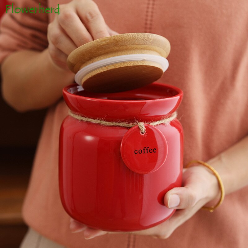 Large Capacity Red Ceramic Tea Caddy with Bamboo Lid Round Tea Storage Food Grade Tea Container Tea Coffee Bean Sealed Caddy