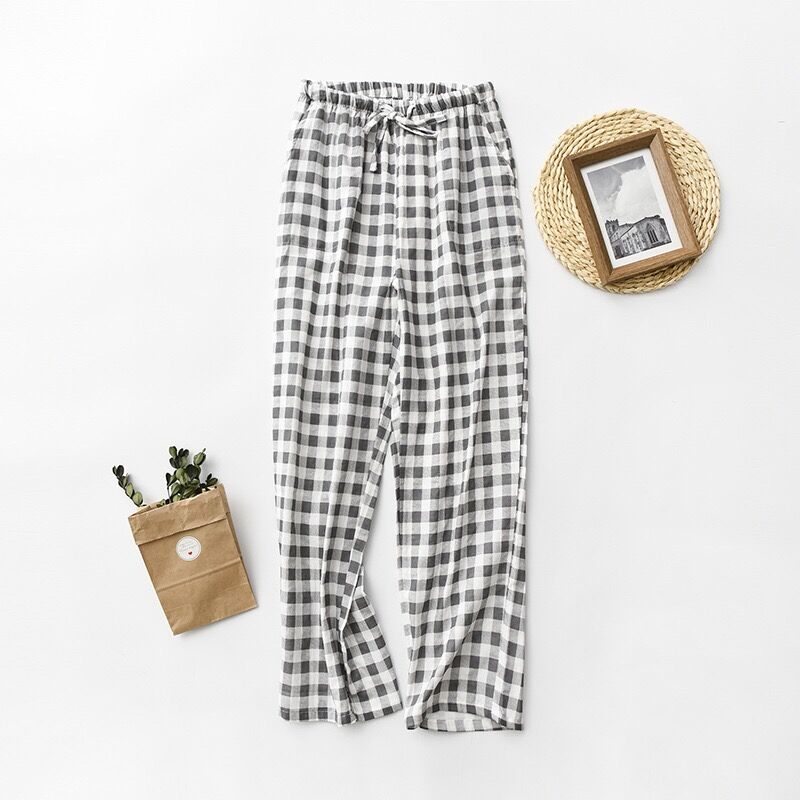 Lente Herfst Vrouwen Mannen 100% Katoen Gaas Slaap Bodems Mannelijke Nachtjapon Broek Nachtkleding Pyjama Liefhebbers Casual Plaid Broek: Men Grey / L