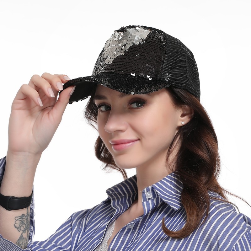 Gorra de béisbol con cola de caballo brillante, gorras Snapback de Hip Hop para mujer, sombreros de verano brillantes con lentejuelas, sombreros de malla para exteriores, sombrero de hueso F1 F5