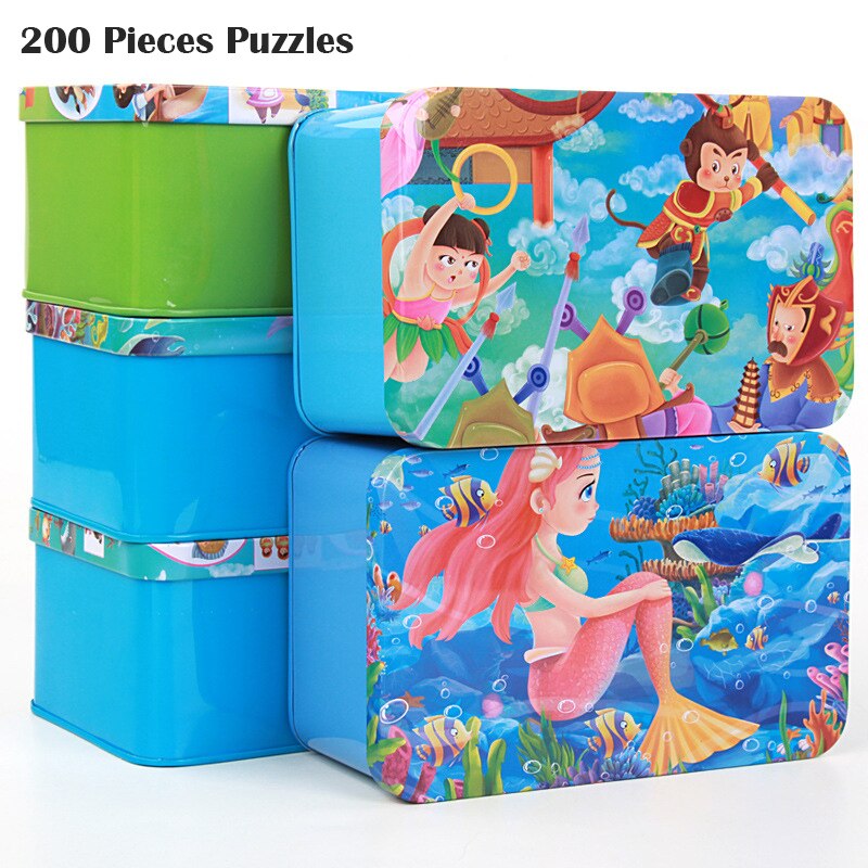 200 Pieces Wooden Puzzle Iron box Child Cartoon Animals Wood Jigsaw Puzzles Toy Kid Educational Learning Toys for Christmas