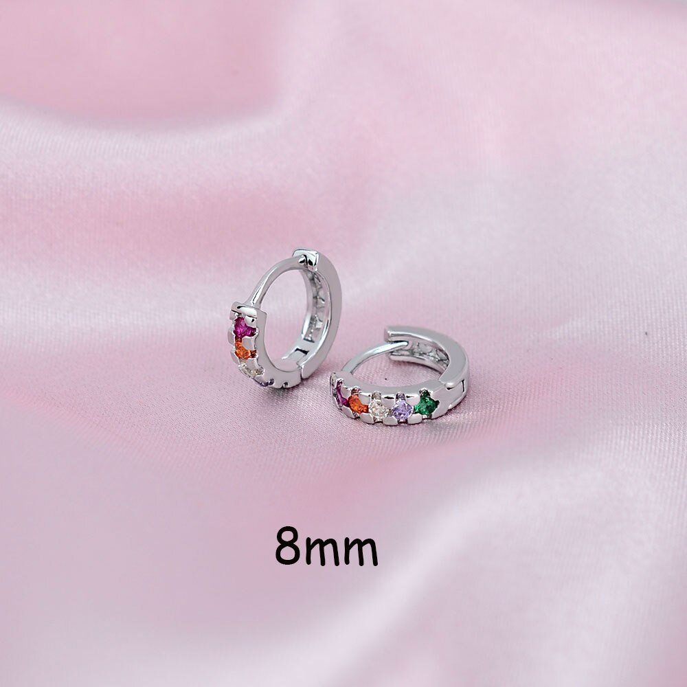 Classic Eenvoudige Kleine Regenboog Zirconia Stud Huggies Oorringen Voor Vrouwen Mannen Dikke Ronde Cirkel Earring Piercing: silver-rainbow-8mm