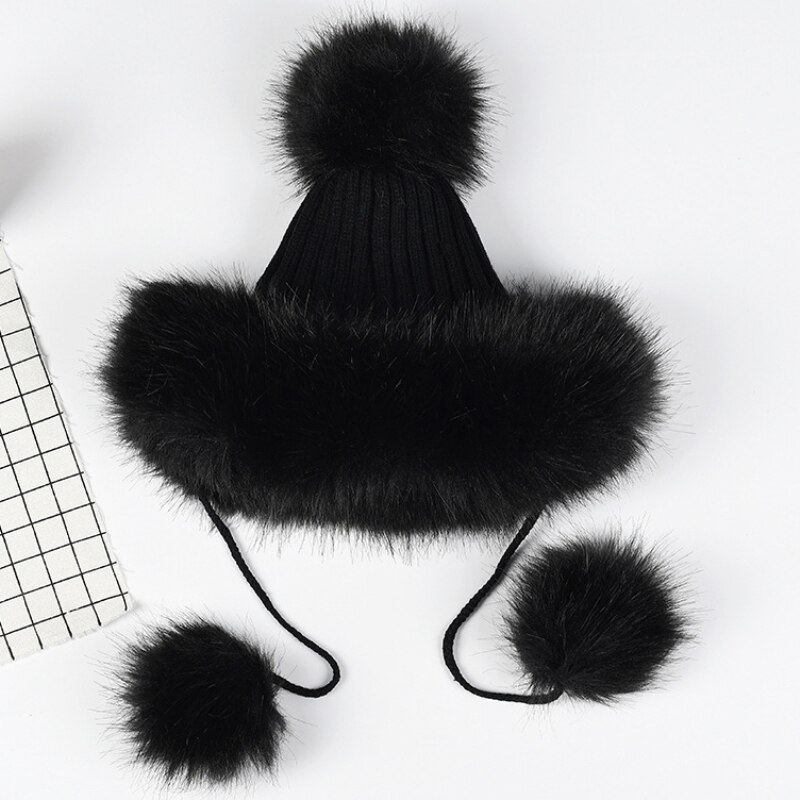HT2105 Big Fur Pompom Ball Winter Hats for Women Russian Ushanka Hat Thick Warm Fur Hat Earflap Ski Cap Women Knitted Hat