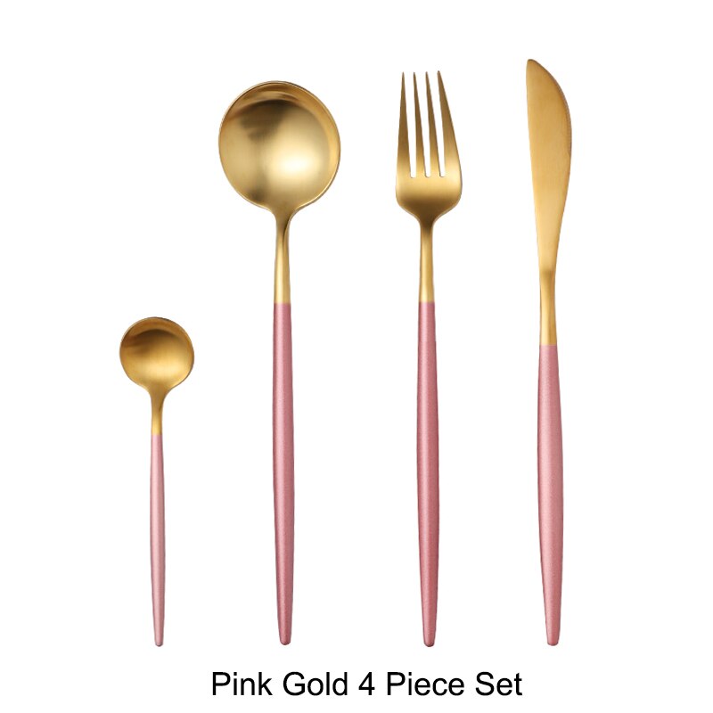 304 roestvrijstalen gouden besteksets, dinervork, mes, lepel, eetstokjes, serviesset, zilverwerk, servies: Roze goud