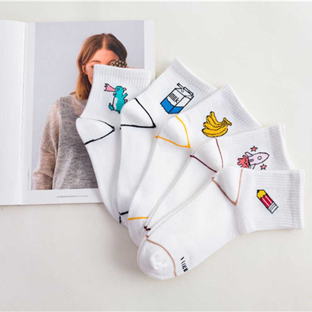 Women Socks Cartoon White Cute Banana Milk Dinosaur Cotton Warmth Long Socks Cute Funny Illustration Letter Socks