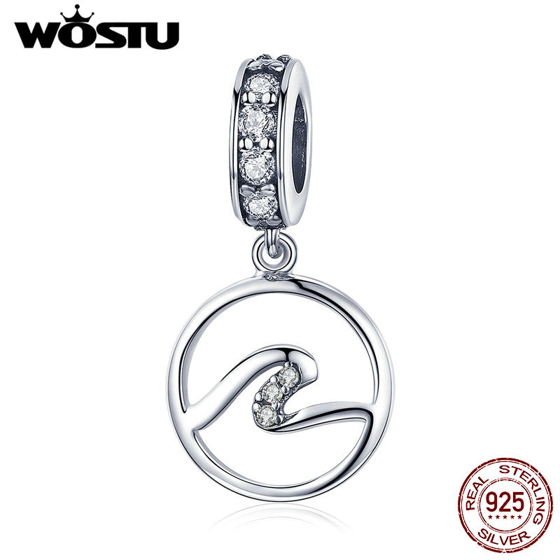 WOSTU 100% 925 Sterling Silver Wave Charm Fit Bracelet & Necklace Pendant Simple Original S925 Jewelry CQC1031