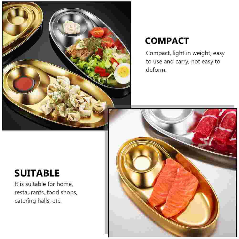 Double Compartment Plate Snack Plate Sauce Dipping Dish Stainless Steel Dish