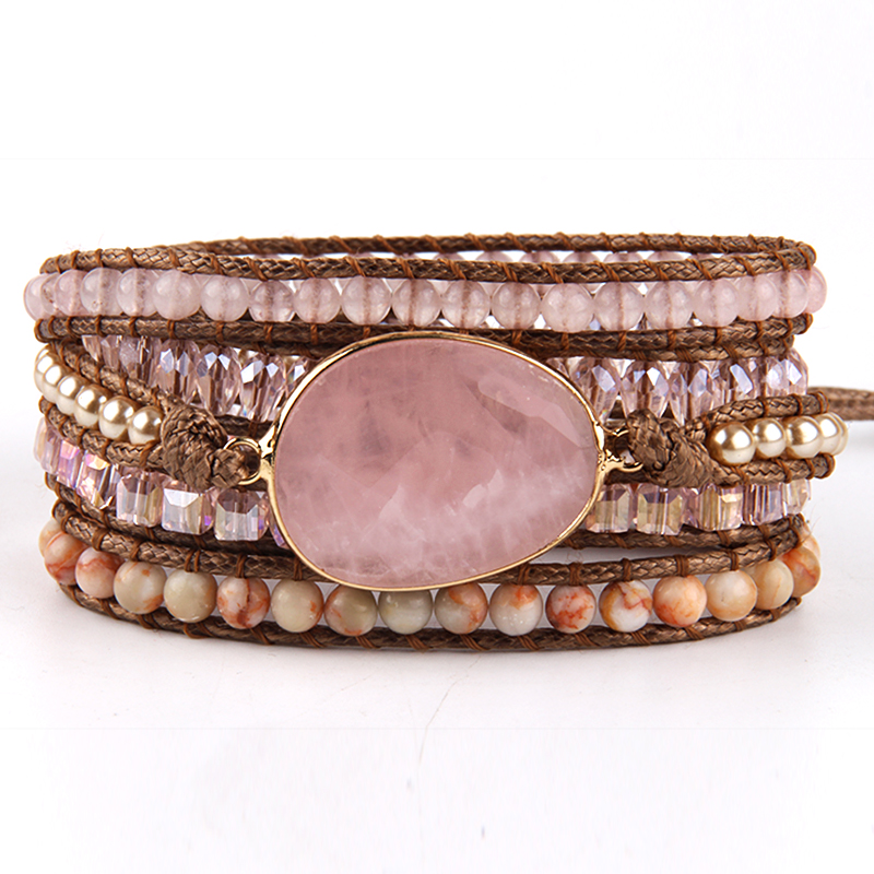 RH Handma joyería bohemia accesorio mezclado piedras naturales encanto 5 hebras pulseras envolventes: Rosa