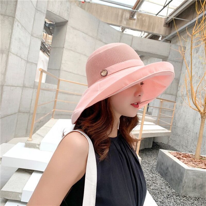 Women Summer Foldable Sun Hat Beach Solid Color Net Mesh Large Wide Brim Anti-UV Hat Female Lady Cloth Sunscreen Breathable Cap: Pink