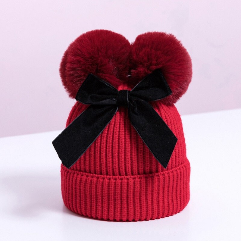 Chapeau d'hiver à Double pompon pour enfants | Chapeau avec nœud, casquette Crochet, chapeau et épais, chapeaux pour bébés: red