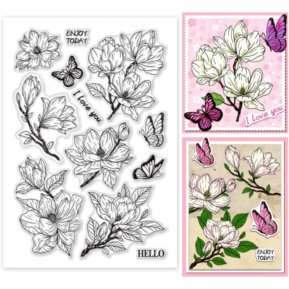 Magnoliablomma genomskinlig stämpel blommor silikonstämpel fjäril genomskinliga gummistämplar sigillstämplar för gör-det-själv korttillverkning dekor