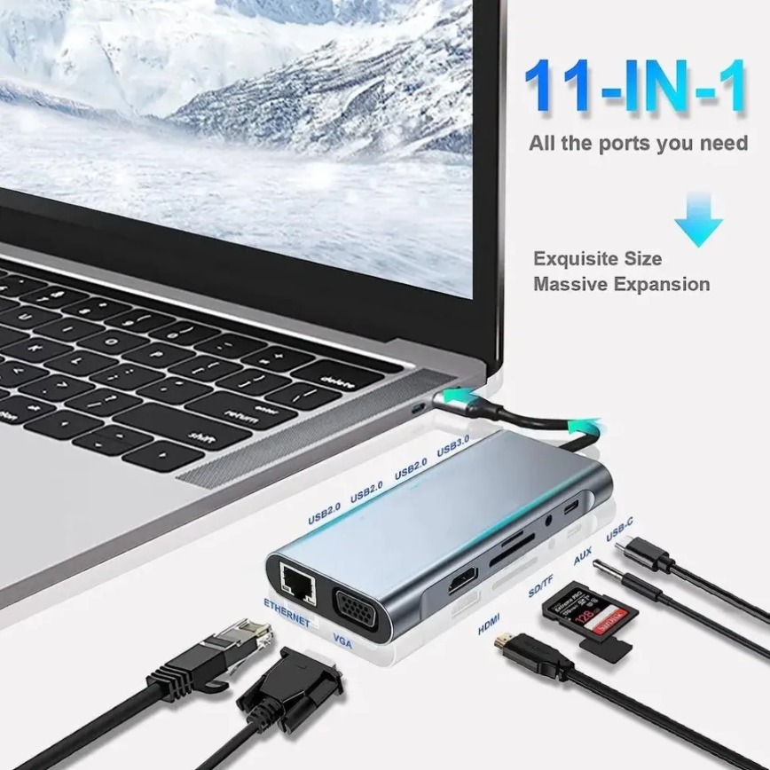 Usb-c-hub 11- -i- -1 type-c-dokkingstasjon med 4k type-c til hdmi-kompatible vga 100 mbps ethernet 100w pd usb 3.0 tf/ sd-kortleser