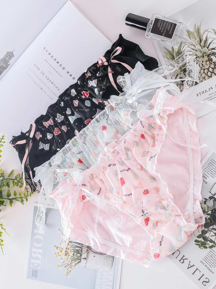 Japanese Lolita Women Sweet Panties candy Print Cute Bowknot Lace Breathable Underwear romantic Teen Girls Kawaii 3 Color Briefs